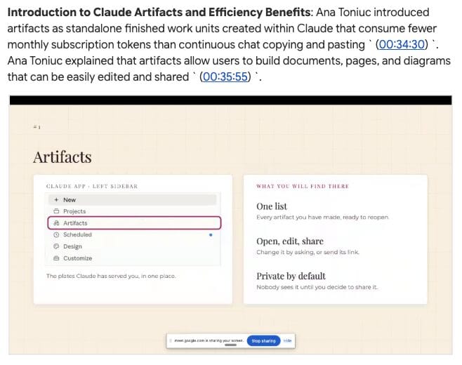 A presentation slide about Claude Artifacts showing the left sidebar of Claude app and explaining that artifacts are stored work you can open, edit, and share