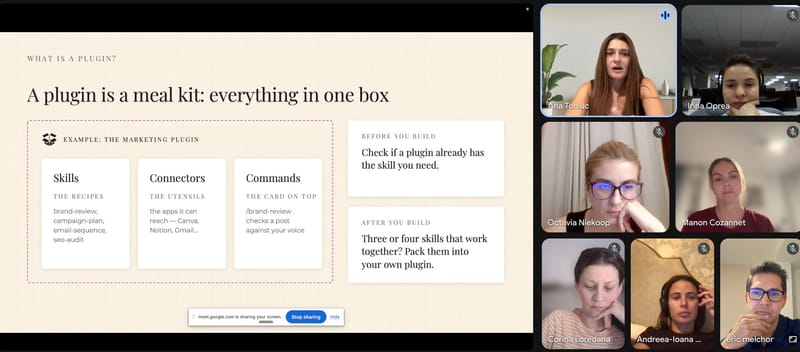 A presentation slide explaining what a plugin is: a meal kit with everything in one box, showing skills as recipes, connectors as utensils, and commands as the card on top
