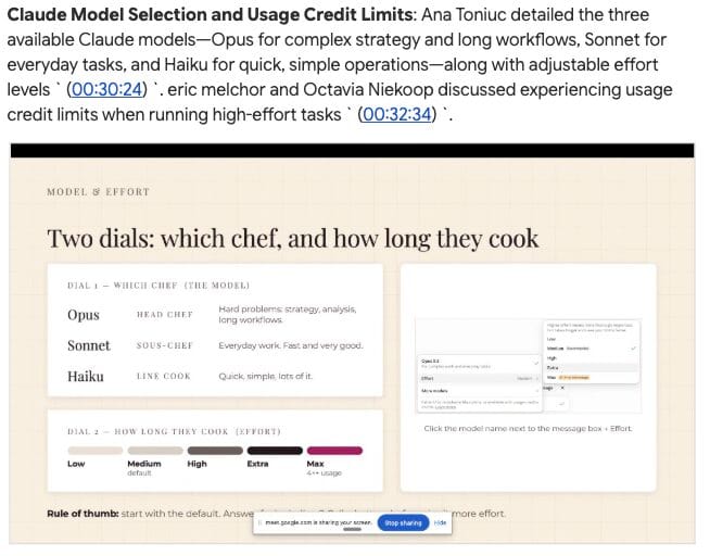 A presentation slide explaining Claude models as two dials: which chef and how long they cook, with Opus as head chef, Sonnet as sous-chef, and Haiku as line cook