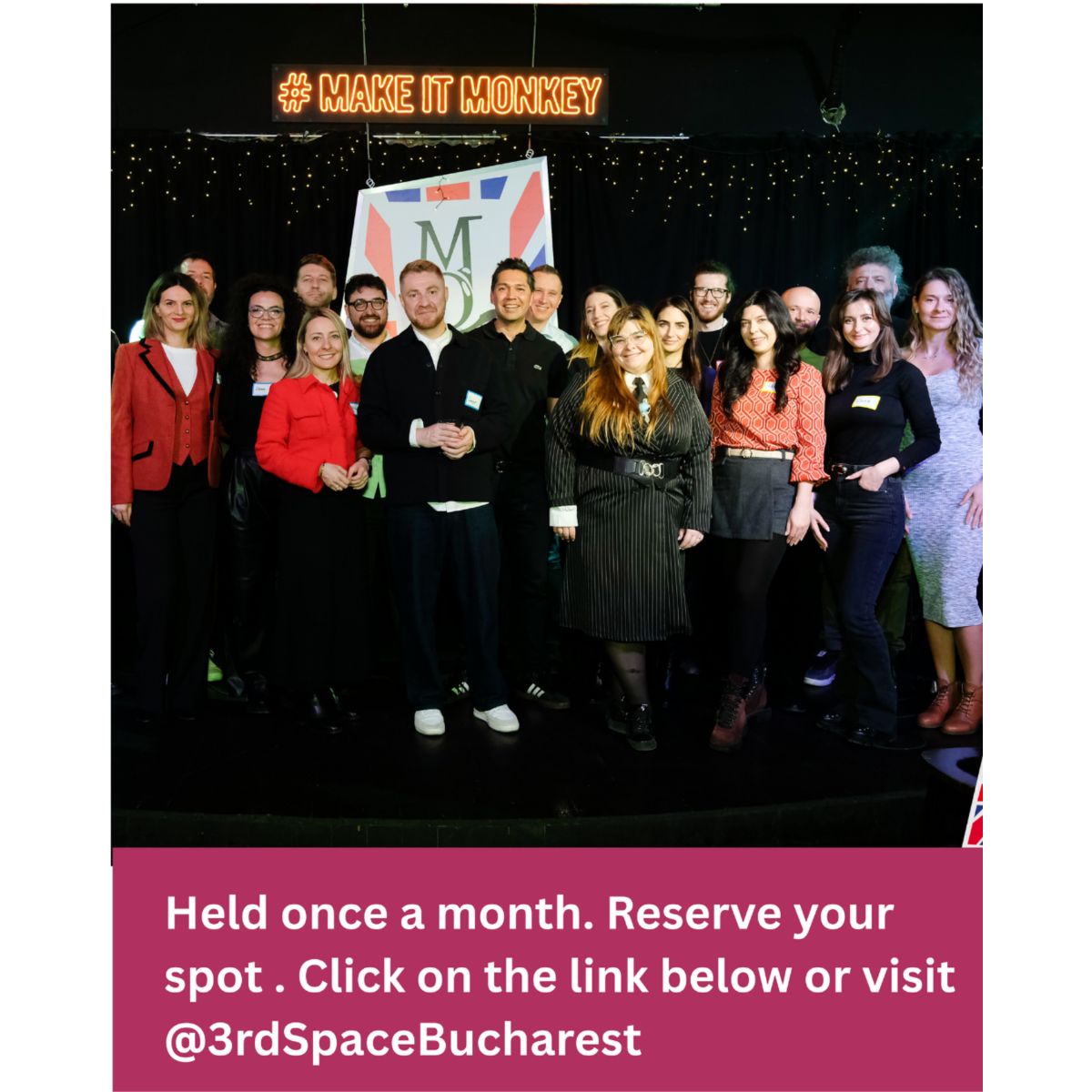 Group photo of all attendees at the first 3rd Space Bucharest monthly social